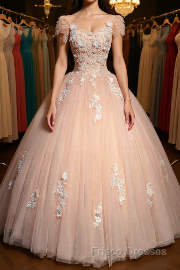 Round Neck Cap Sleeves Lace Pink Long Formal Prom Dresses, Pink Lace Formal Dresses, Pink Evening Dresses, Ball Gown