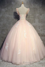 Round Neck Cap Sleeves Lace Pink Long Formal Prom Dresses, Pink Lace Formal Dresses, Pink Evening Dresses, Ball Gown