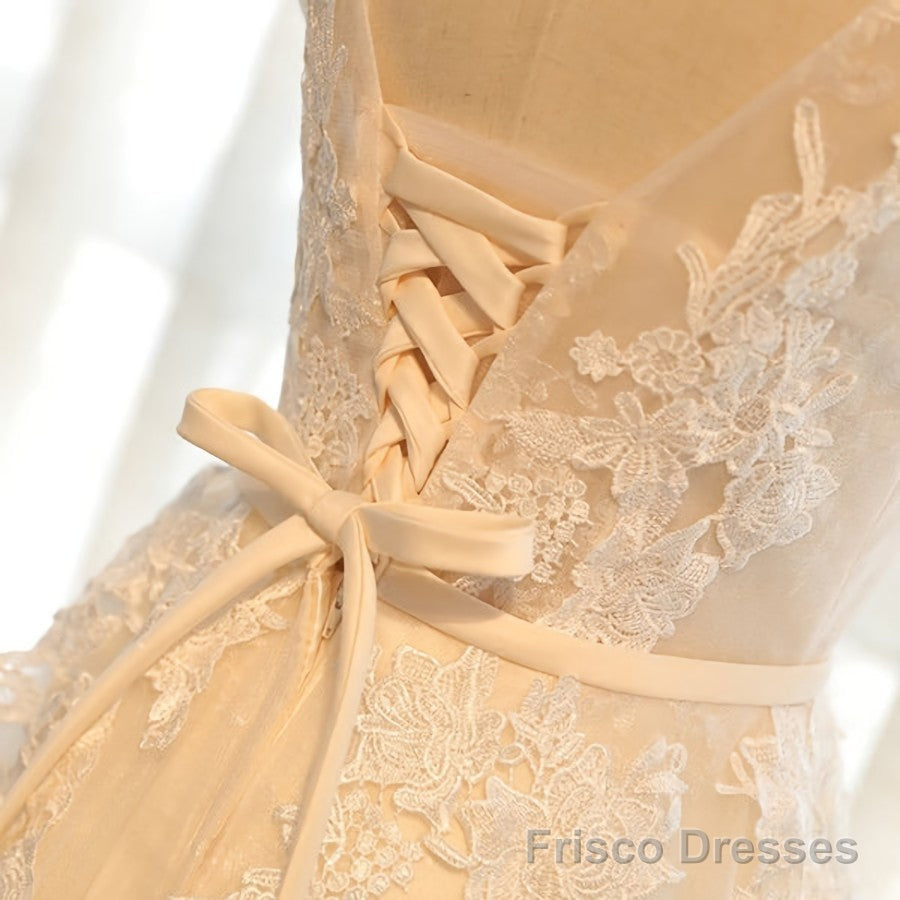 Round Neck Champagne Lace Prom Dresses, Champagne Lace Formal Evening Bridesmaid Dresses