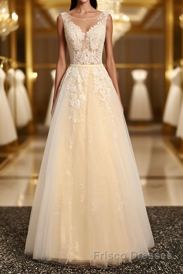 Round Neck Champagne Lace Formal Prom Dresses with Corset Back, Champagne Lace Formal Evening Bridesmaid Dresses