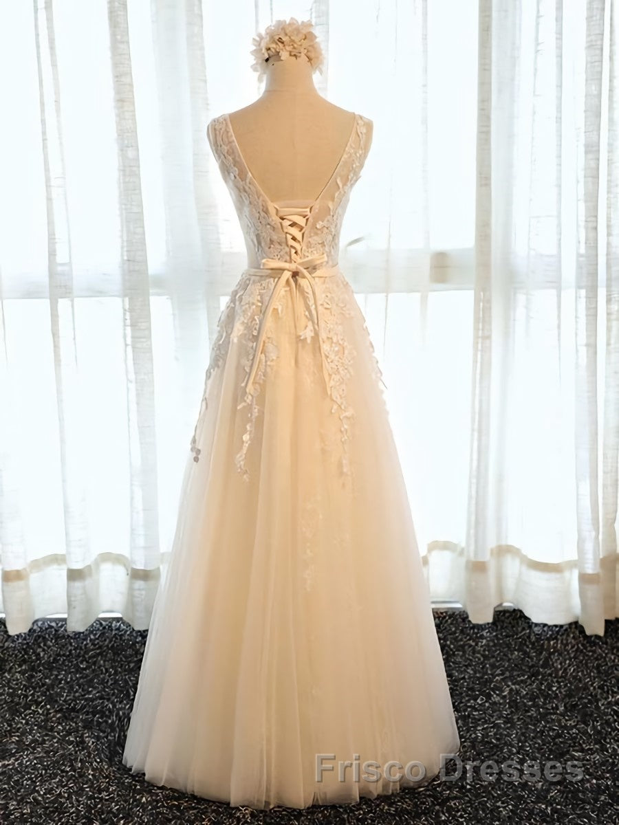 Round Neck Champagne Lace Formal Prom Dresses with Corset Back, Champagne Lace Formal Evening Bridesmaid Dresses Secondary image