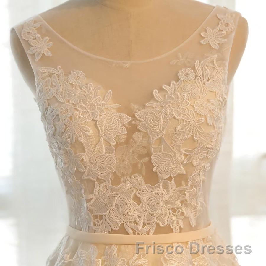 Round Neck Champagne Lace Formal Prom Dresses with Corset Back, Champagne Lace Formal Evening Bridesmaid Dresses