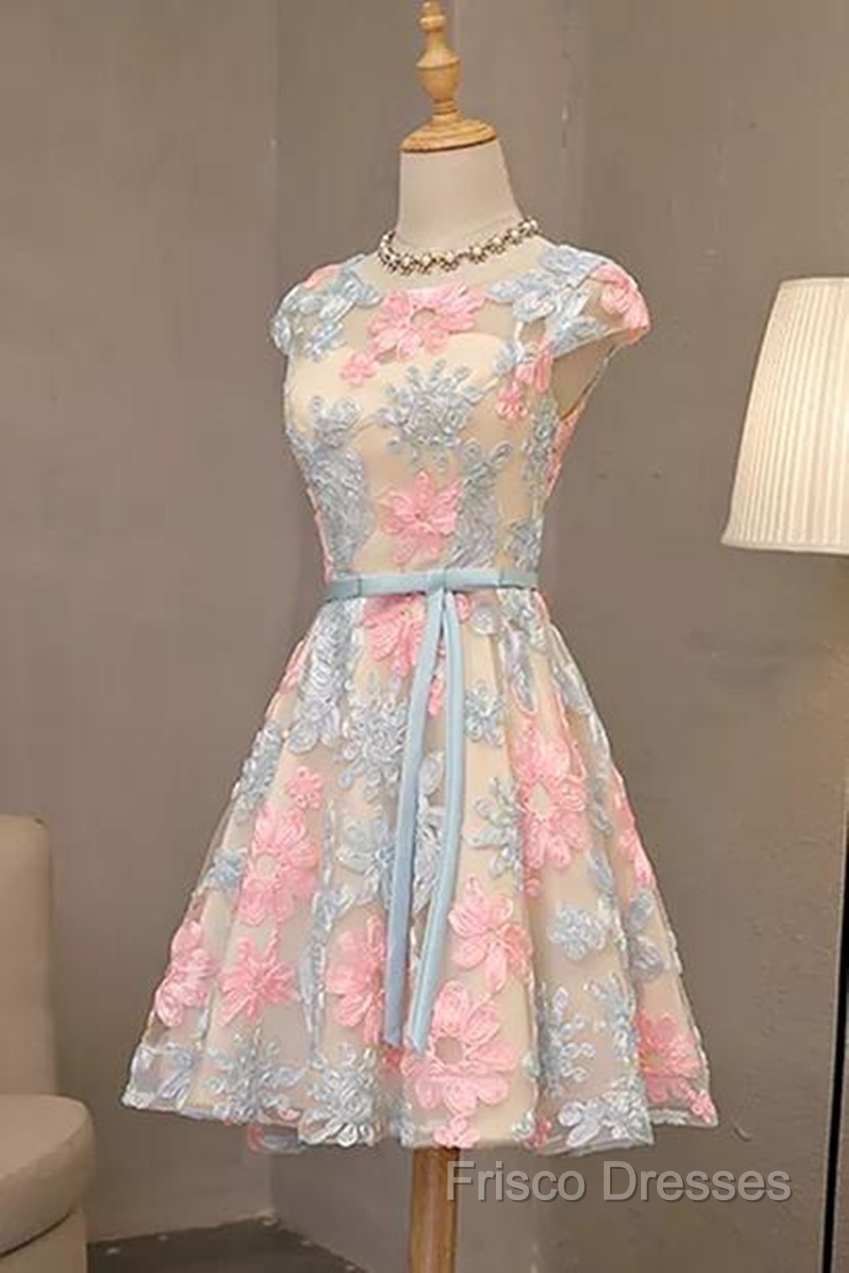 Round Neck Colorful Short Cap Sleeves Lace Formal Prom Dress, Short Colorful Lace Graduation Homecoming Dress Secondary image