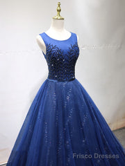 Round Neck Dark Navy Blue Long Prom Dresses with Corset Back, Navy Blue Formal Evening Dresses