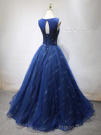 Round Neck Dark Navy Blue Long Prom Dresses with Corset Back, Navy Blue Formal Evening Dresses