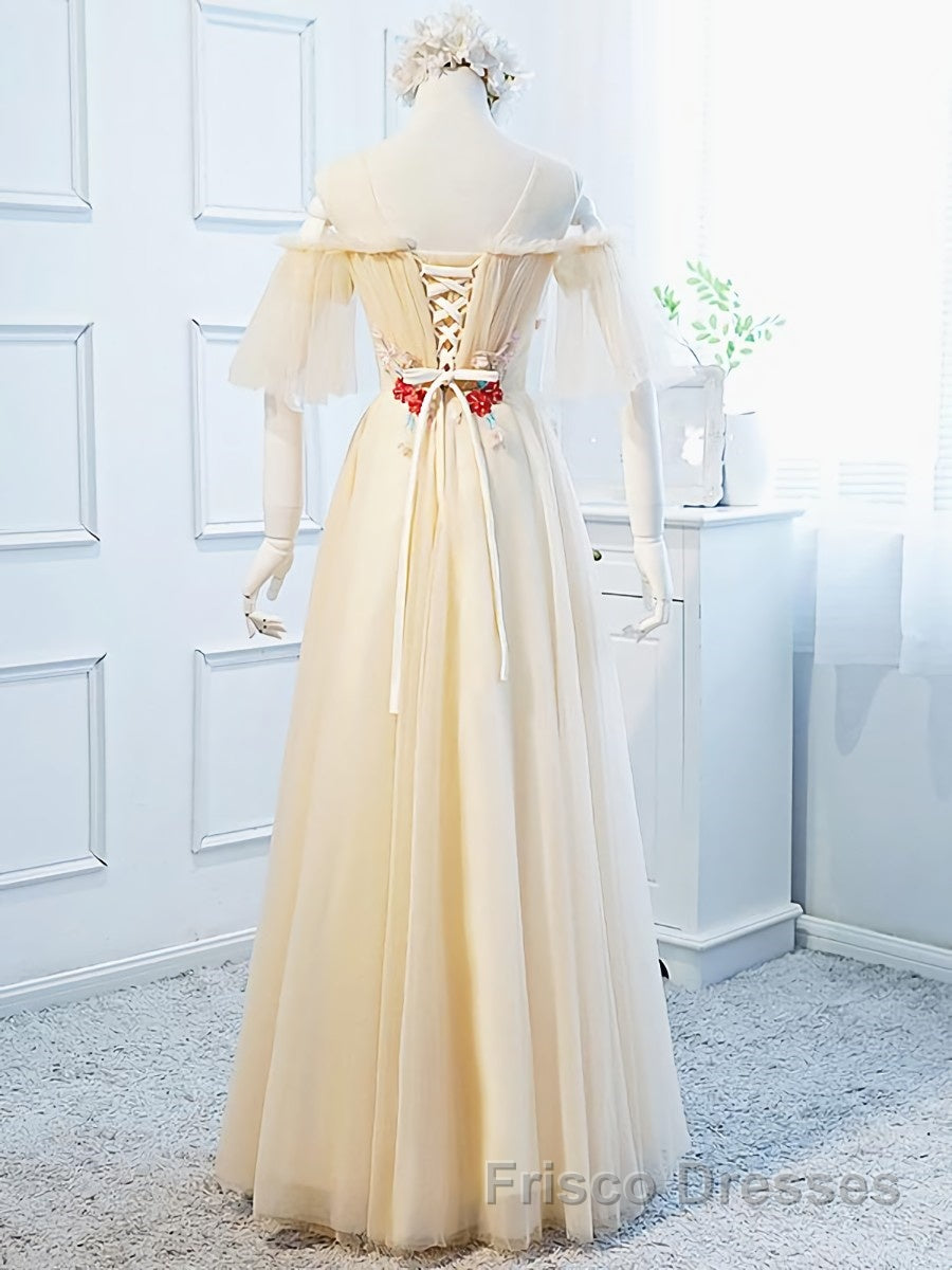 Round Neck Floral Champagne Long Formal Prom Dresses with Corset Back, Champagne Long Formal Bridesmaid Dresses Secondary image