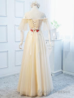 Round Neck Floral Champagne Long Formal Prom Dresses with Corset Back, Champagne Long Formal Bridesmaid Dresses