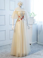 Round Neck Floral Champagne Long Formal Prom Dresses with Corset Back, Champagne Long Formal Bridesmaid Dresses