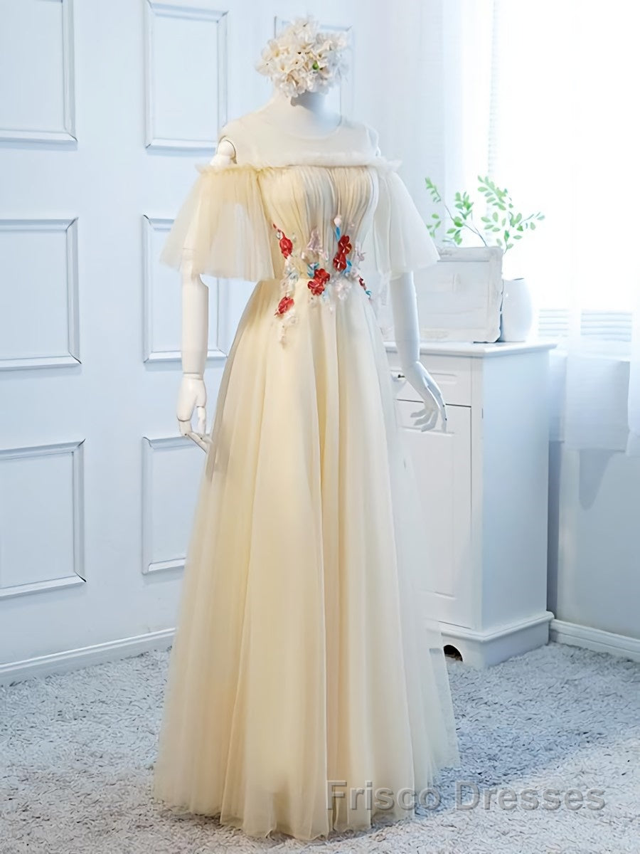 Round Neck Floral Champagne Long Formal Prom Dresses with Corset Back, Champagne Long Formal Bridesmaid Dresses