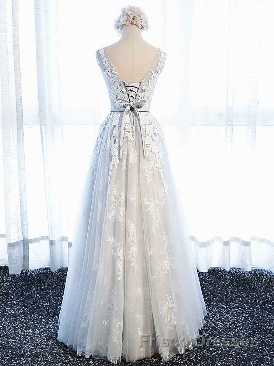 Round Neck Gray Lace Formal Prom Dresses with Corset Back, Gray Lace Formal Evening Bridesmaid Dresses