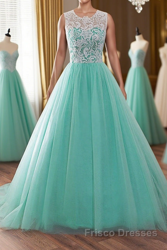 Round Neck Green Lace Tulle Long Formal Prom Dresses, Green Lace Formal Dresses, Green Evening Dresses