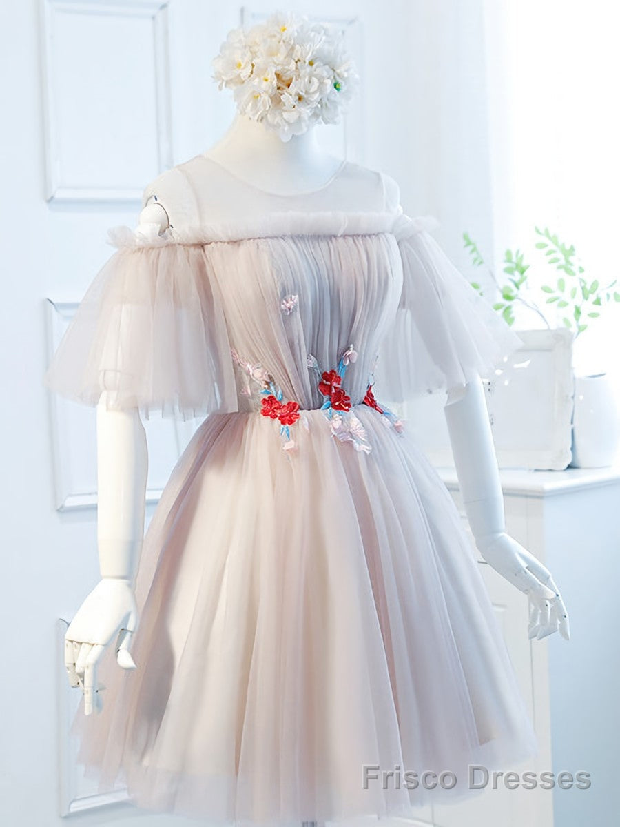 Round Neck Half Sleeves Short Pink Prom Dresses, Half Sleeves Short Pink Graduation Bridesmaid Dresses Main image