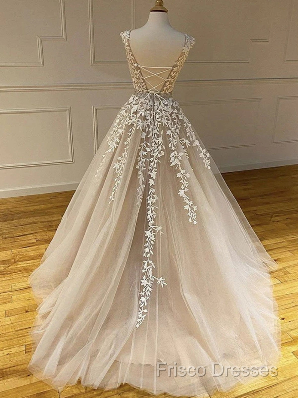 Round Neck Long Champagne Lace Wedding Dress, Champagne Lace Formal Prom Formal Dress