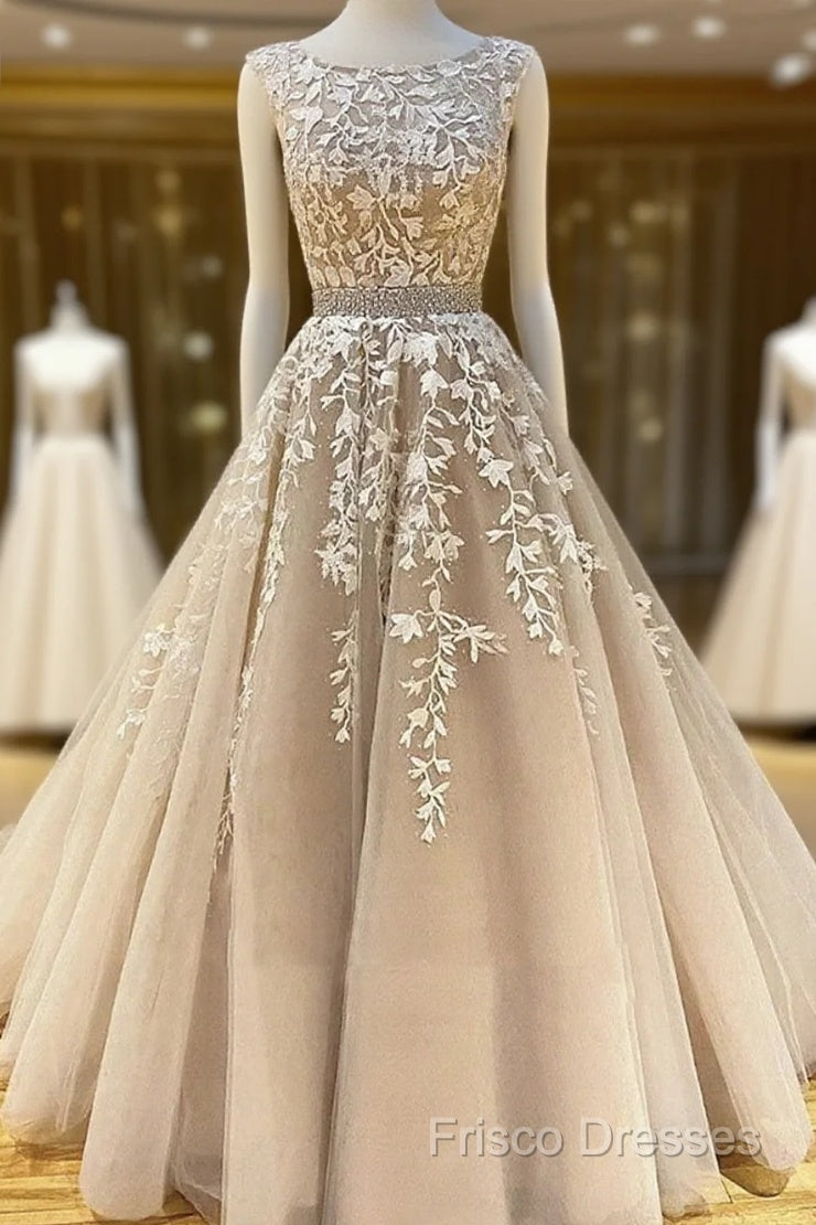 Round Neck Long Champagne Lace Wedding Dress, Champagne Lace Formal Prom Formal Dress