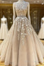 Round Neck Long Champagne Lace Wedding Dress, Champagne Lace Formal Prom Formal Dress