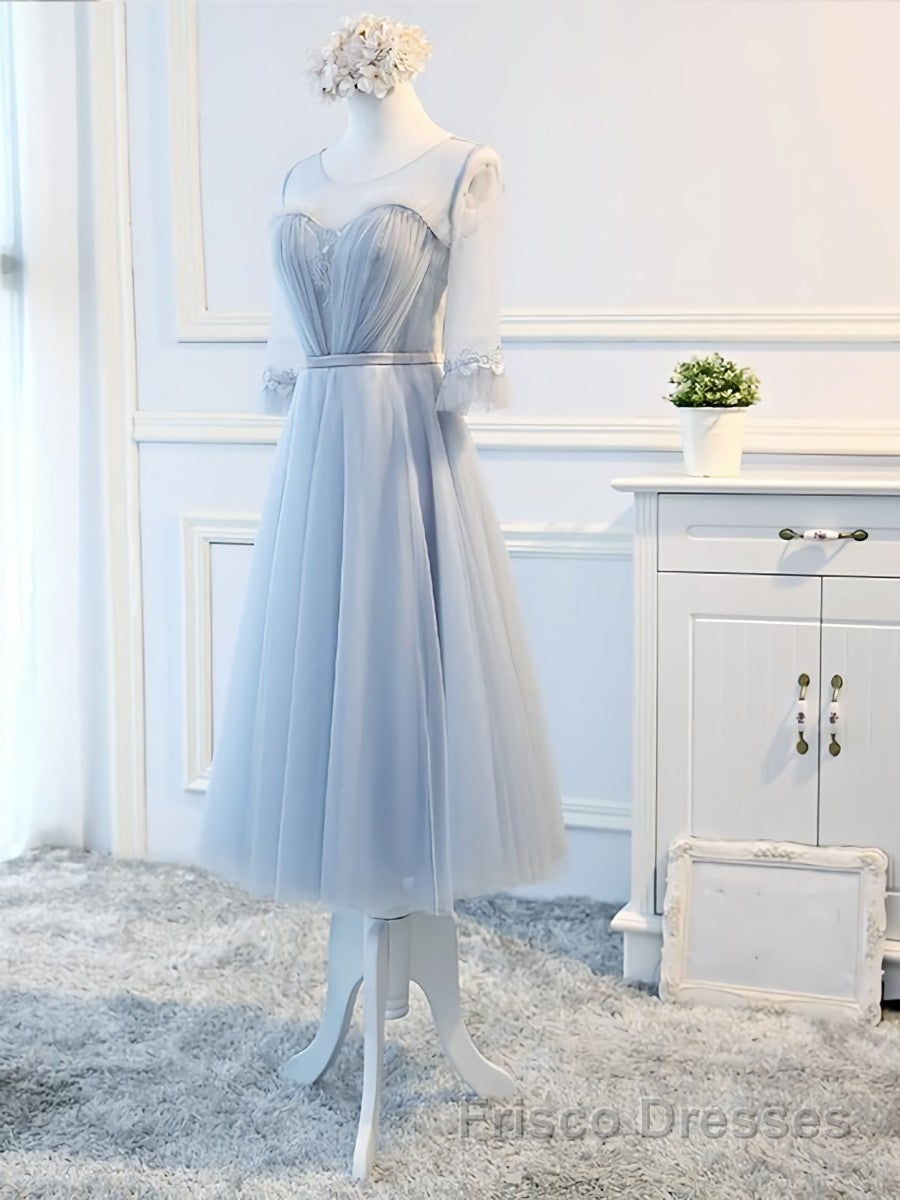 Round Neck Long Sleeves Blue Formal Prom Dresses, Long Sleeves Blue Formal Bridesmaid Evening Dresses