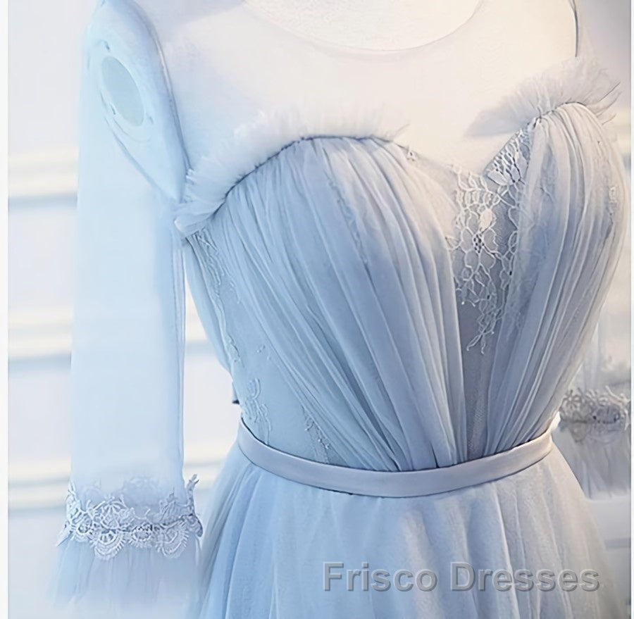 Round Neck Long Sleeves Blue Formal Prom Dresses, Long Sleeves Blue Formal Bridesmaid Evening Dresses