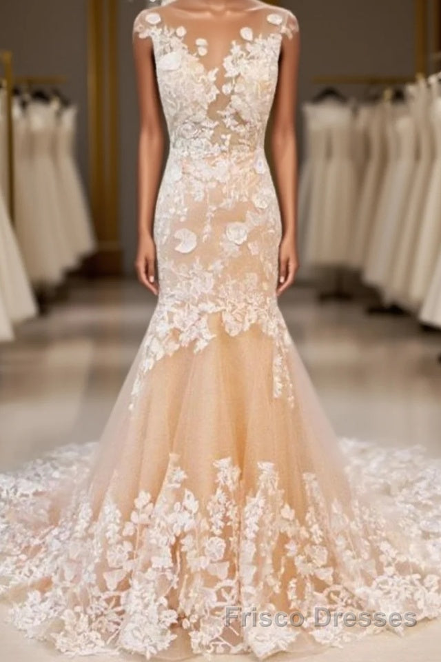 Round Neck Mermaid Champagne Lace Long Formal Prom Dresses, Mermaid Champagne Formal Dresses, Champagne Lace Evening Dresses Main image