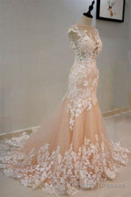 Round Neck Mermaid Champagne Lace Long Prom Dresses,Sexy Formal Dress,Graduation Dresses