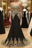 Round Neck Mermaid Lace Applique Black Formal Prom Dresses, Lace Black Formal Dresses