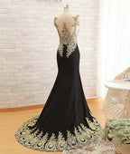 Round Neck Mermaid Lace Applique Black Formal Prom Dresses, Lace Black Formal Dresses
