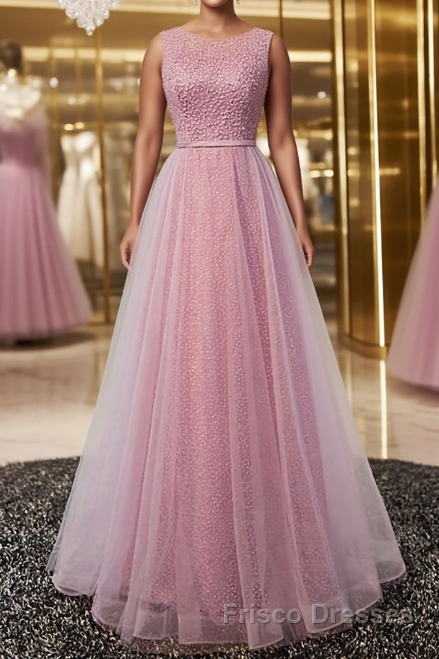 Round Neck Pink Beaded Long Formal Prom Dresses, Pink Long Formal Evening Dresses