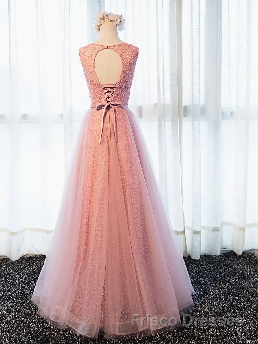 Round Neck Pink Beaded Long Formal Prom Dresses, Pink Long Formal Evening Dresses Secondary image