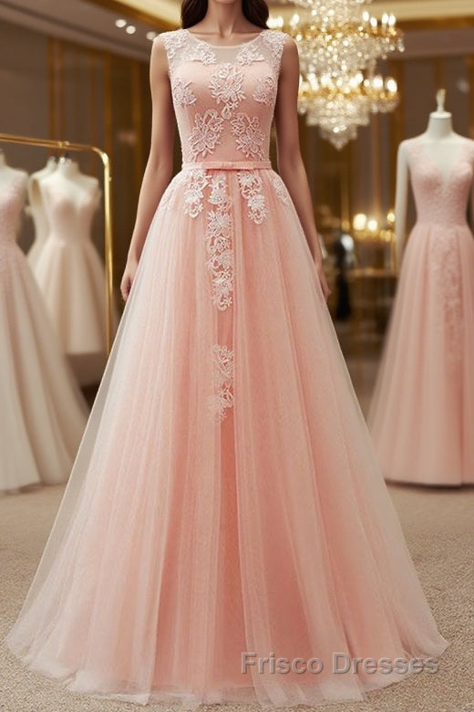 Round Neck Pink Lace Long Formal Prom Dresses, Pink Lace Bridesmaid Dresses Main image