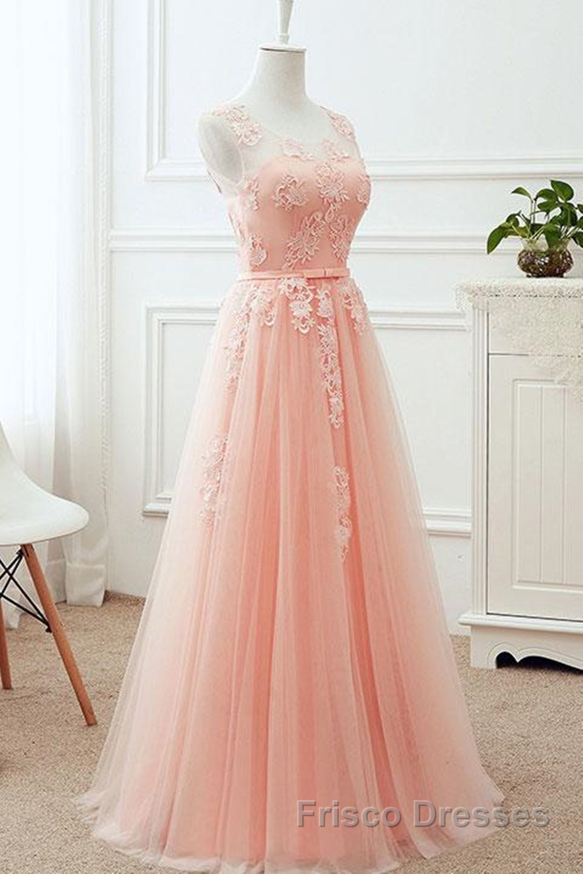 Round Neck Pink Lace Long Formal Prom Dresses, Pink Lace Bridesmaid Dresses