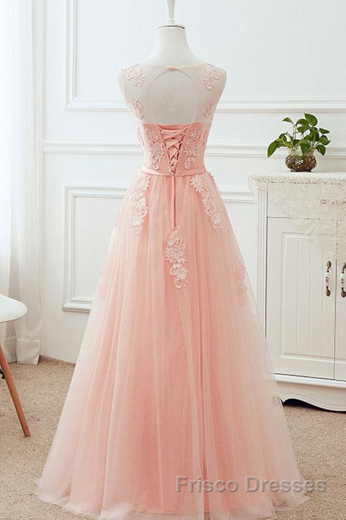 Round Neck Pink Lace Long Formal Prom Dresses, Pink Lace Bridesmaid Dresses