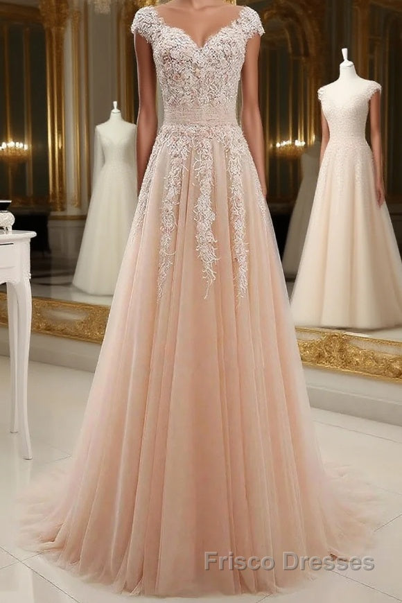Round Neck Pink Lace Formal Prom Dresses, Pink Lace Formal Evening Dresses Main image
