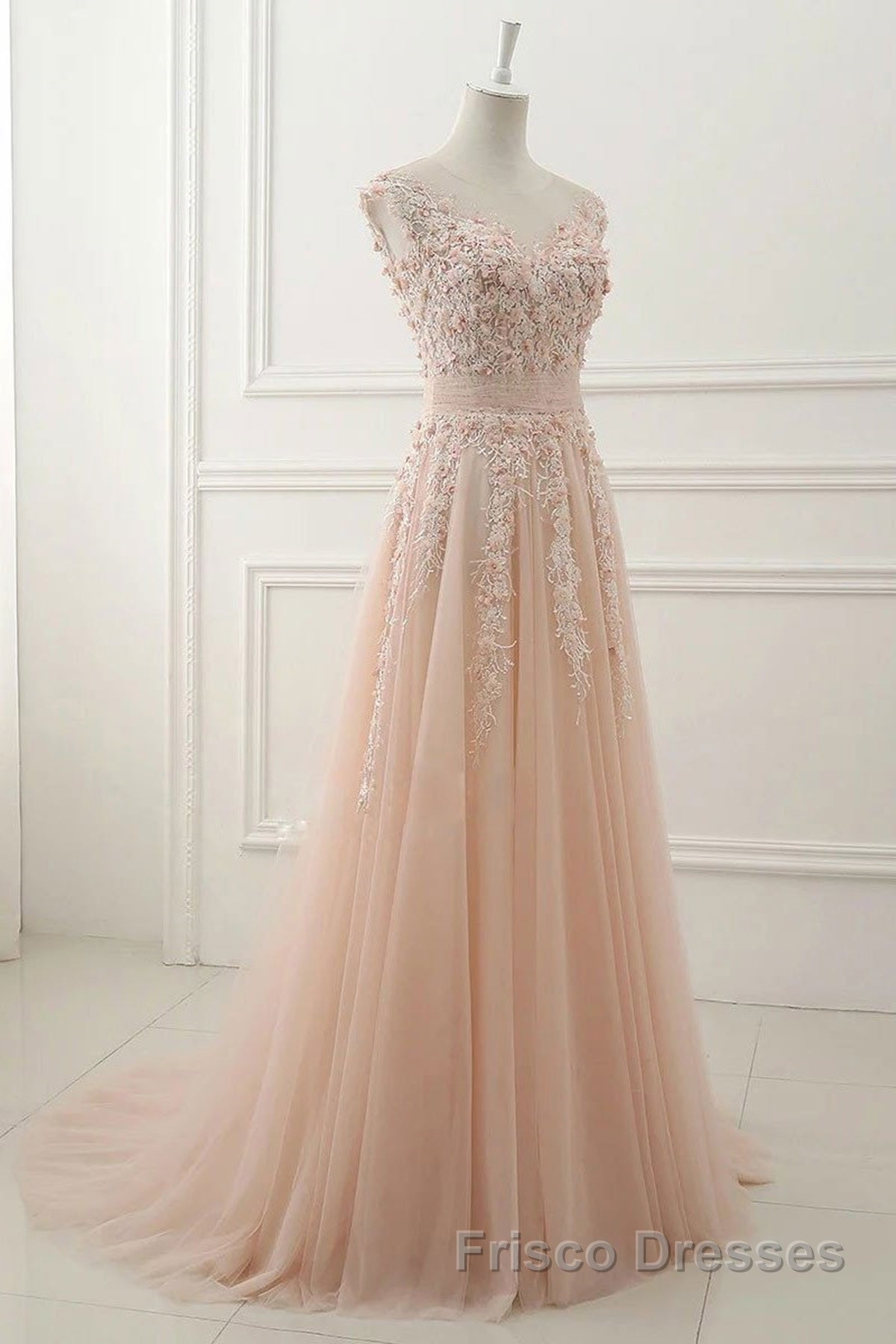 Round Neck Pink Lace Formal Prom Dresses, Pink Lace Formal Evening Dresses Secondary image