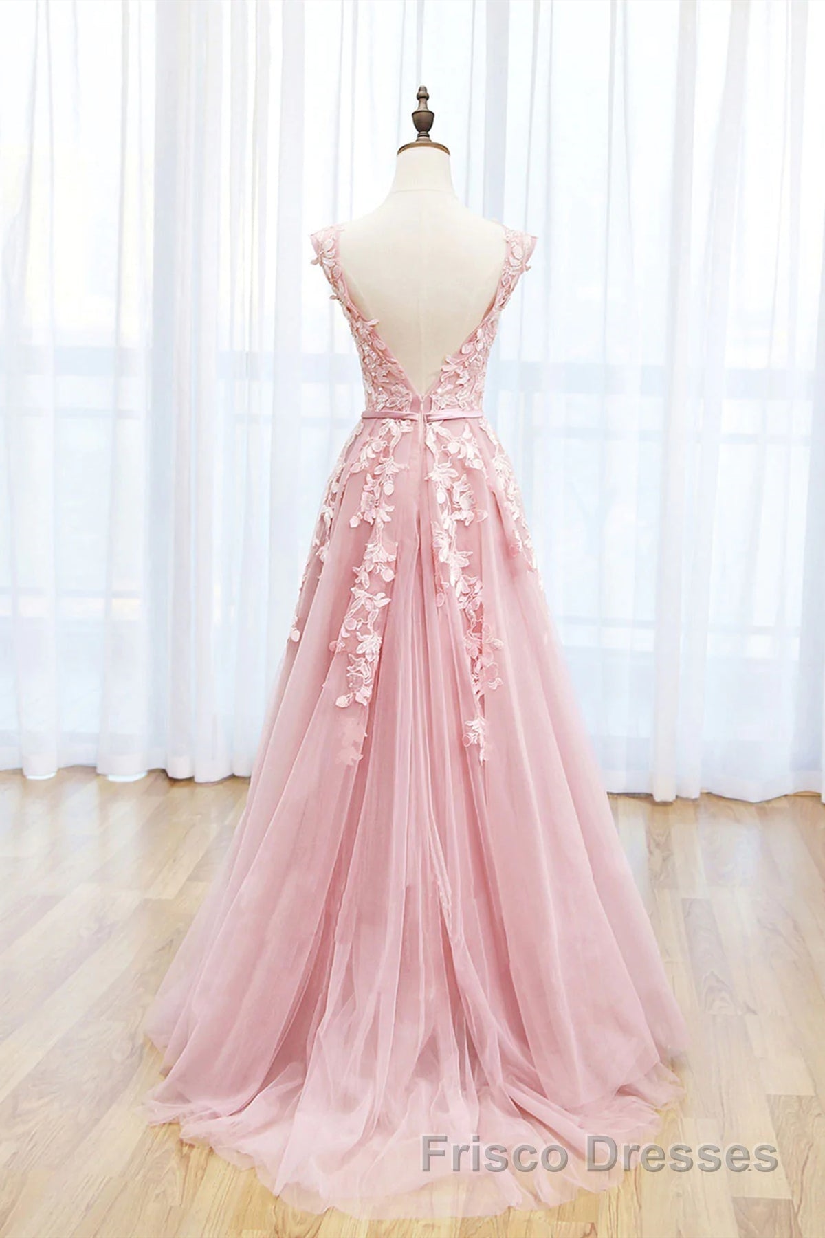 Round Neck Pink Lace Formal Prom Dresses, Pink Lace Long Formal Evening Dresses Secondary image