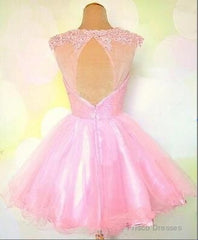Round Neck Pink Short Lace Prom Dress, Pink Lace Homecoming/Bridesmaid/Graduation Dress