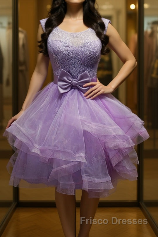 Round Neck Purple Lace Short Formal Prom Dresses, Lilac Lace Homecoming Dresses, Purple Formal Evening Dresses Main image