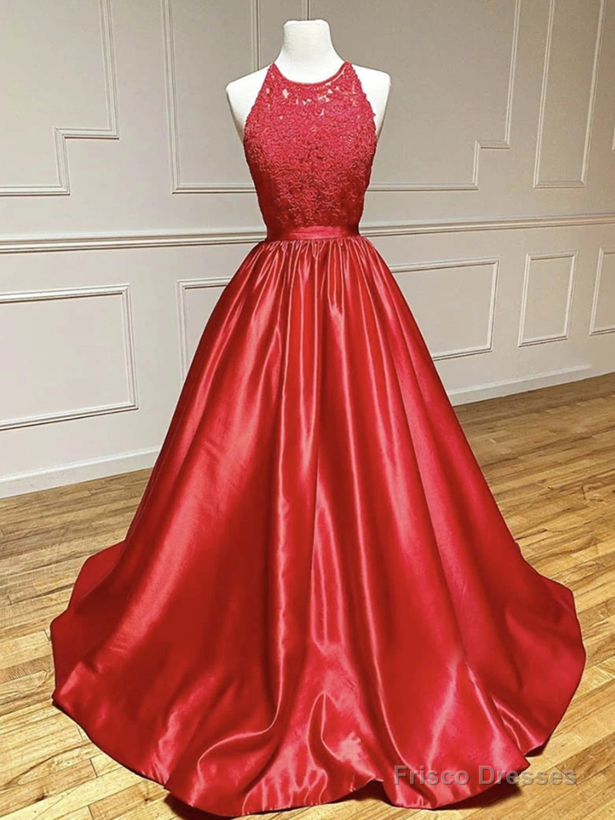 Round Neck Red Lace Long Prom Dresses, Red Lace Formal Evening Graduation Dresses Main image