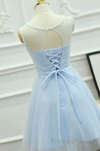 Round Neck Short Blue Lace Formal Prom Dresses, Short Blue Lace Homecoming Graduation Dresses
