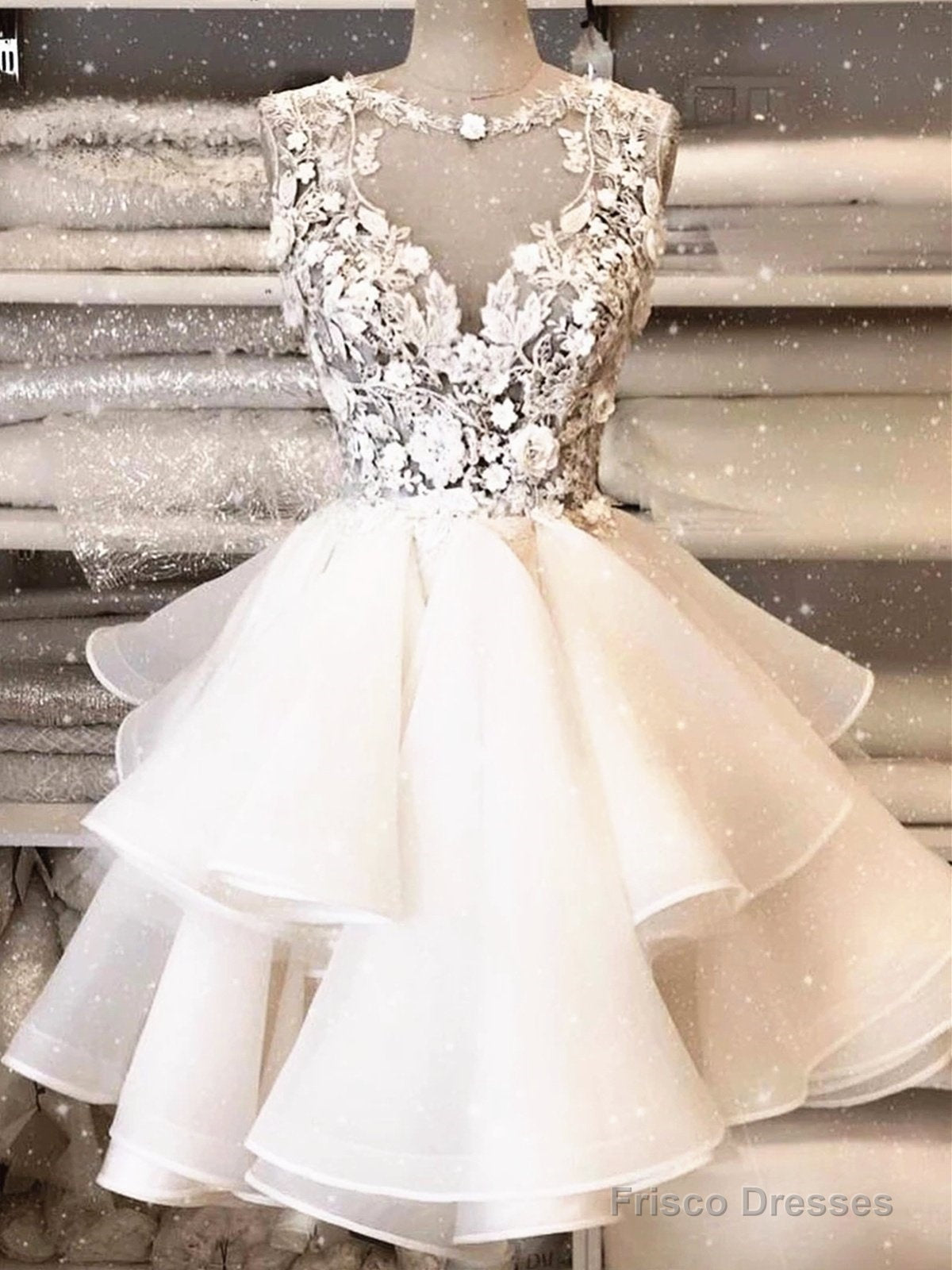 Round Neck Short Ivory Lace Prom Dresses, Short Ivory Lace Formal Graduation Cocktail Dresses