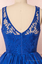 Round Neck Short Royal Blue Lace Prom Dresses, Short Royal Blue Lace Homecoming Graduation Dresses