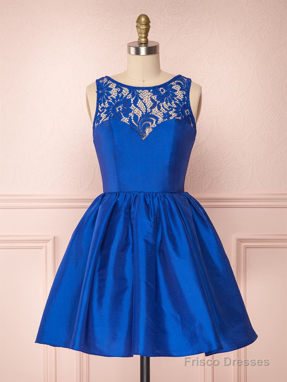 Round Neck Short Royal Blue Lace Prom Dresses, Short Royal Blue Lace Homecoming Graduation Dresses