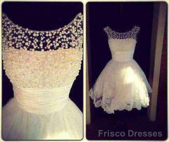 Round Neck White Short Lace Prom Dresses, White Short Lace Homecoming Dresses/Graduation Dress