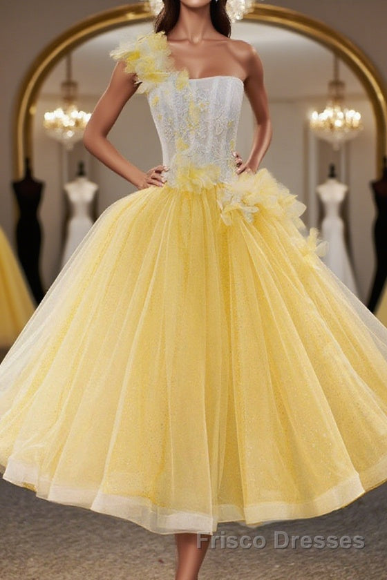 Round Neck Yellow Lace Tulle Formal Prom Dresses, Yellow Lace Short Homecoming Dresses, Yellow Formal Graduation Evening Dresses Main image