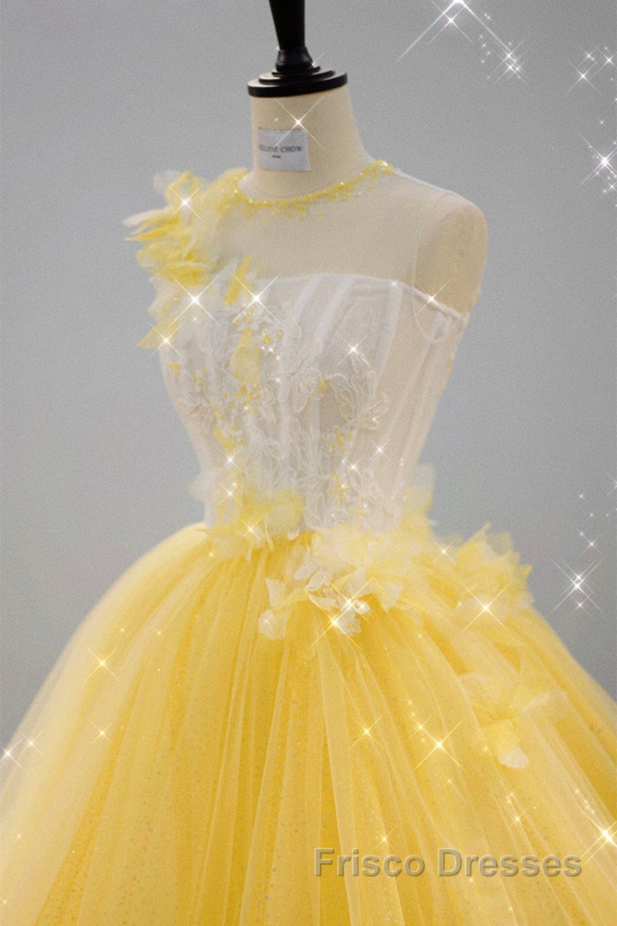 Round Neck Yellow Lace Tulle Formal Prom Dresses, Yellow Lace Short Homecoming Dresses, Yellow Formal Graduation Evening Dresses Secondary image