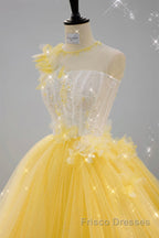 Round Neck Yellow Lace Tulle Formal Prom Dresses, Yellow Lace Short Homecoming Dresses, Yellow Formal Graduation Evening Dresses