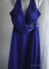 Royal Blue A-Line Halter Chiffon Satin Long Prom Dress V-Neck Beaded Birthday Party Dress