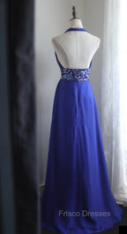 Royal Blue A-Line Halter Chiffon Satin Long Formal Prom Dress V-Neck Beaded Birthday Party Dress