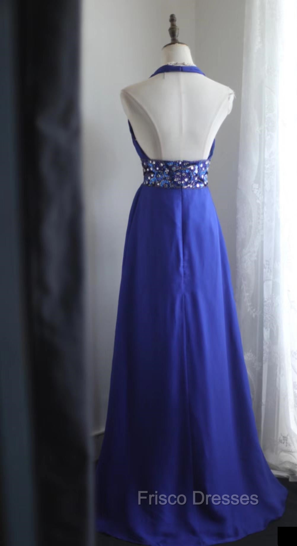 Royal Blue A-Line Halter Chiffon Satin Long Formal Prom Dress V-Neck Beaded Birthday Party Dress