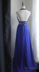 Royal Blue A-Line Halter Chiffon Satin Long Prom Dress V-Neck Beaded Birthday Party Dress