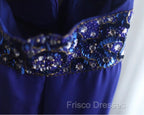 Royal Blue A-Line Halter Chiffon Satin Long Formal Prom Dress V-Neck Beaded Birthday Party Dress