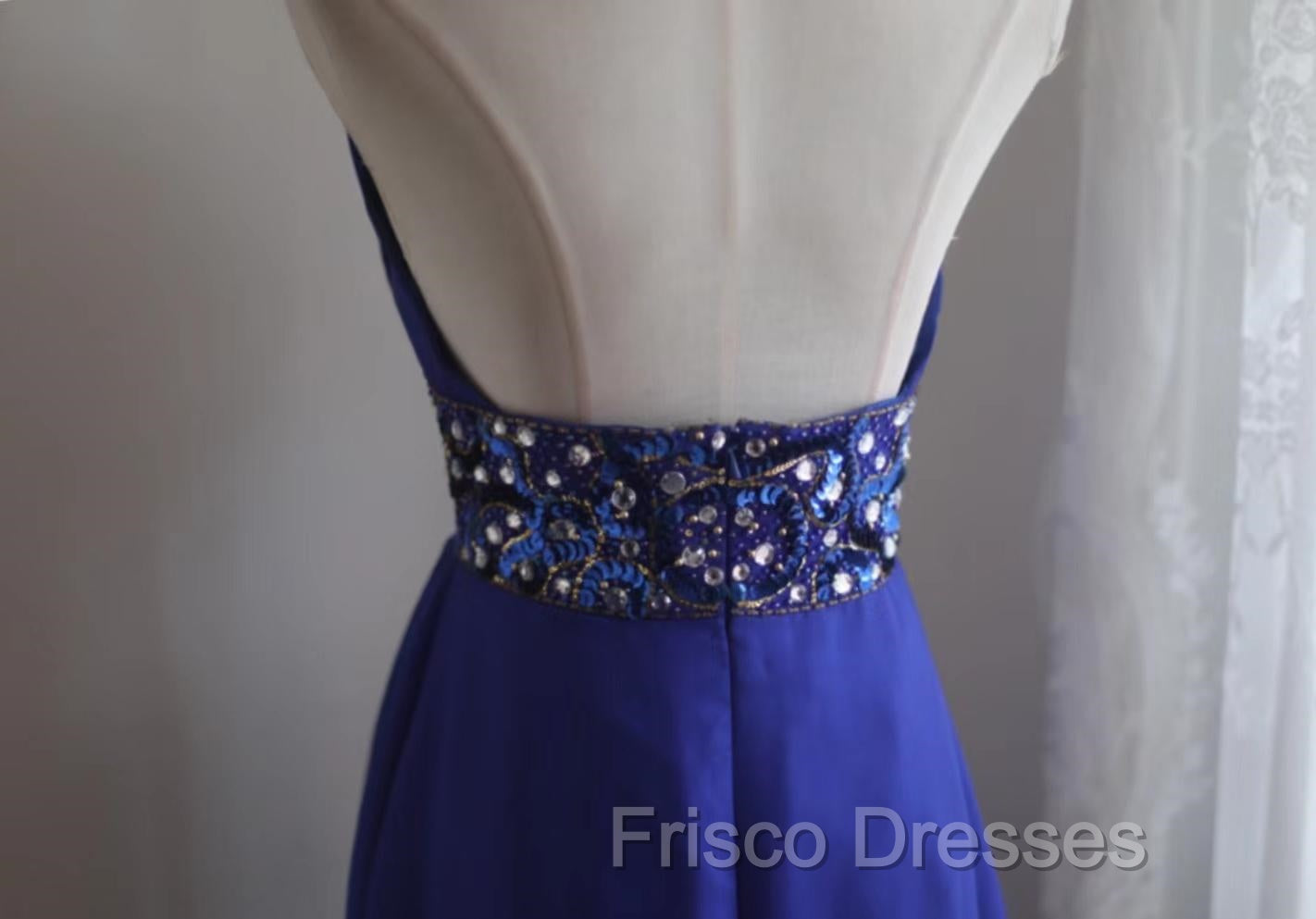 Royal Blue A-Line Halter Chiffon Satin Long Formal Prom Dress V-Neck Beaded Birthday Party Dress